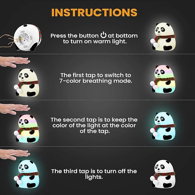 Cute Panda Night Light for Kids, 7-Color Changing Lamp